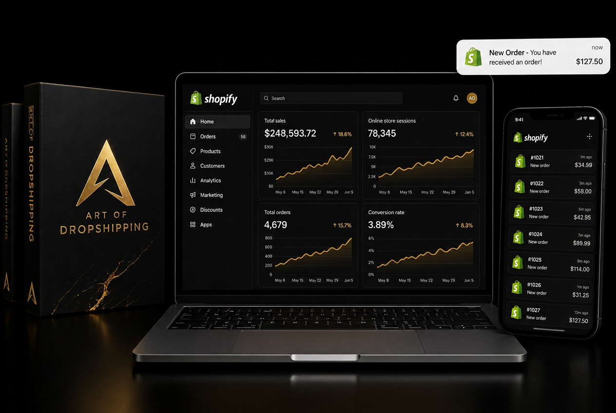 Shopify dashboard on a laptop with live order notifications on a phone